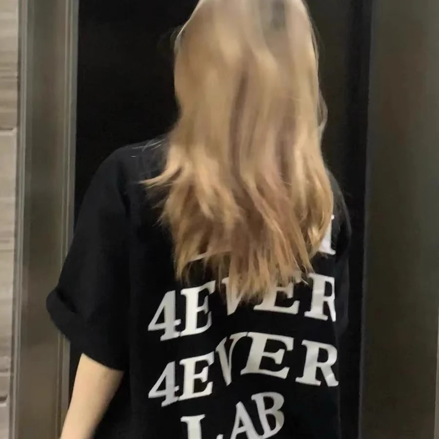 国潮美式别致字母黑色纯棉短袖T恤女夏季宽松oversize小众上衣潮