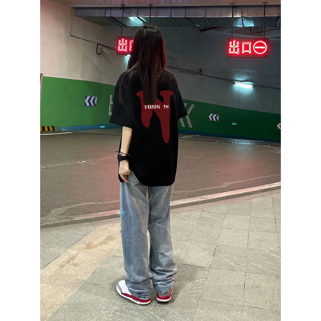 纯棉美式潮牌短袖t恤女宽松hiphop设计感半袖夏季宽松大码上衣ins