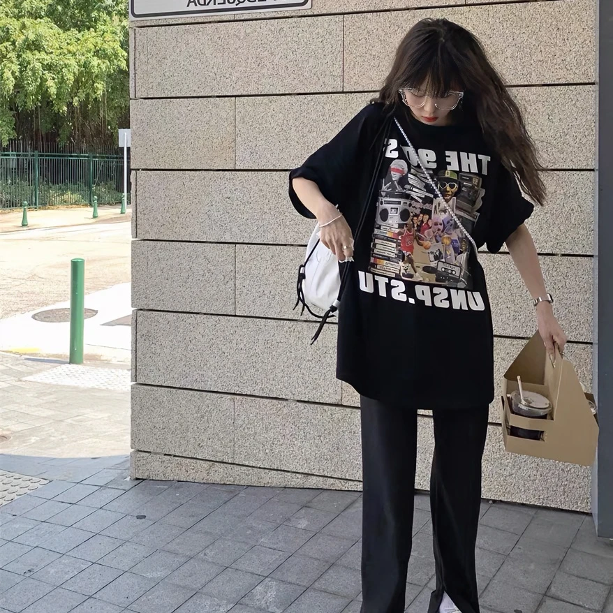 美式高街黑色短袖复古oversize宽松纯棉T恤夏季情侣上衣大码女装