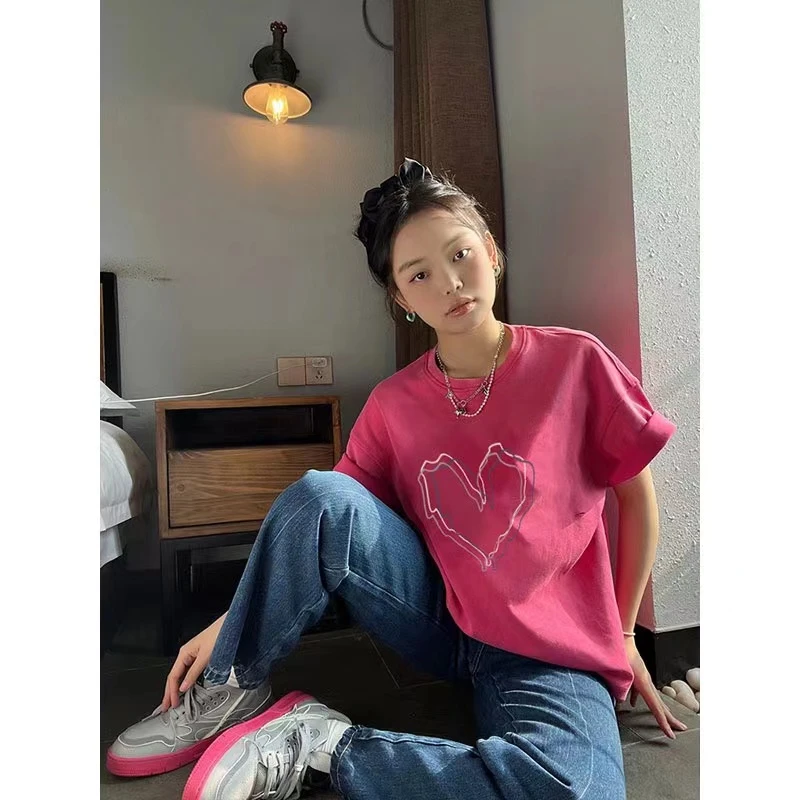 火龙果色落肩短袖t恤女夏季2023新款小众设计感甜酷玫红色t恤