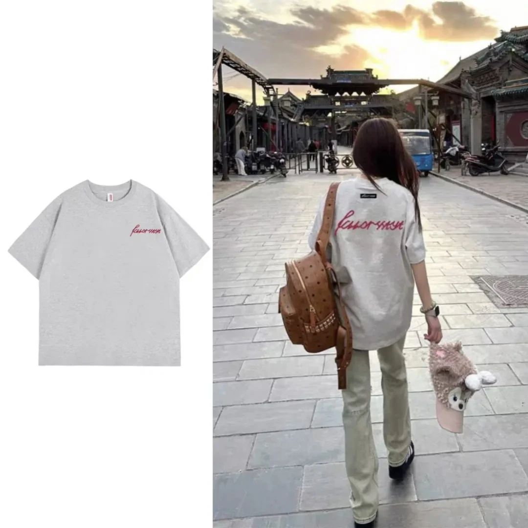 港式休闲风百搭ins宽松短袖t恤女小众印花设计感情侣款圆领