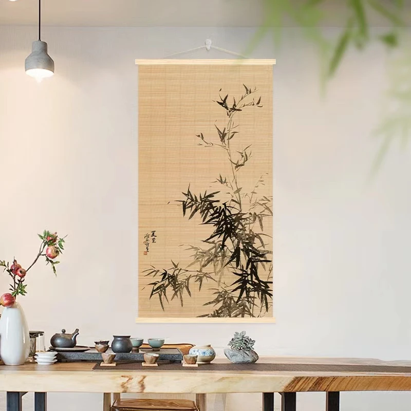 挂画装饰画卷帘家用挂帘玄关屏风花鸟文字竹制挂画装饰品