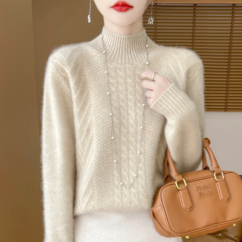 【重磅加厚】半高领双股绞花100%纯羊毛时尚百搭针织打底衫女