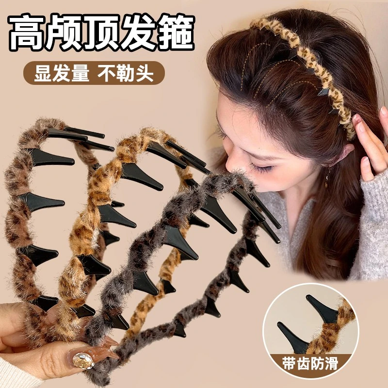 豹纹波浪发箍女洗脸2025新款秋冬高颅顶头箍带齿防滑压发发卡头饰