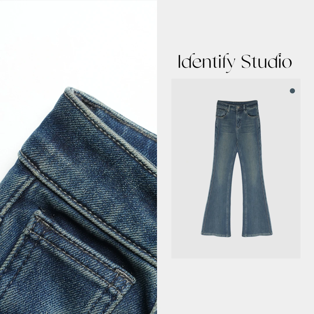 IDENTIFY香香“蓝色竖线喇叭裤”牛仔裤时尚休闲裤长裤24AW