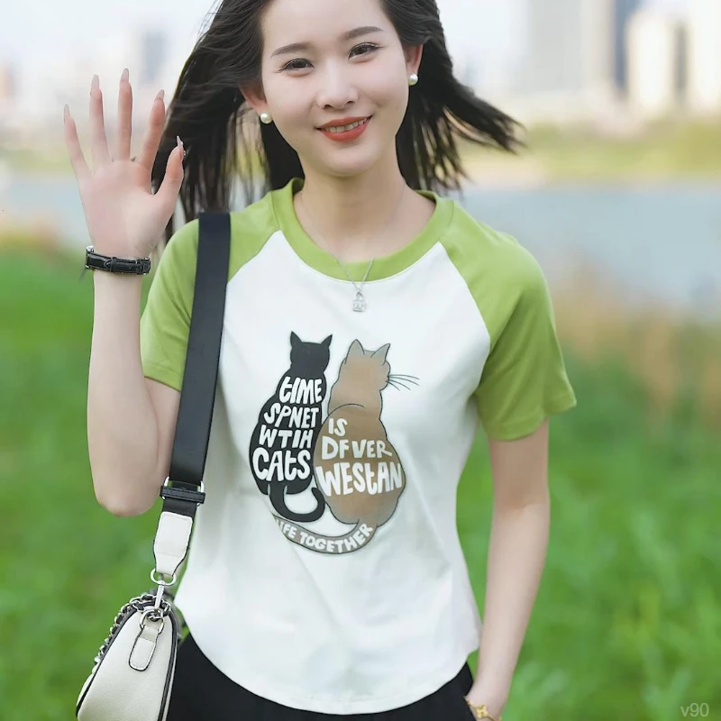 高贵上档次猫印花短袖T恤女｜母亲款独特设计｜减龄显瘦棉｜夏季必备
