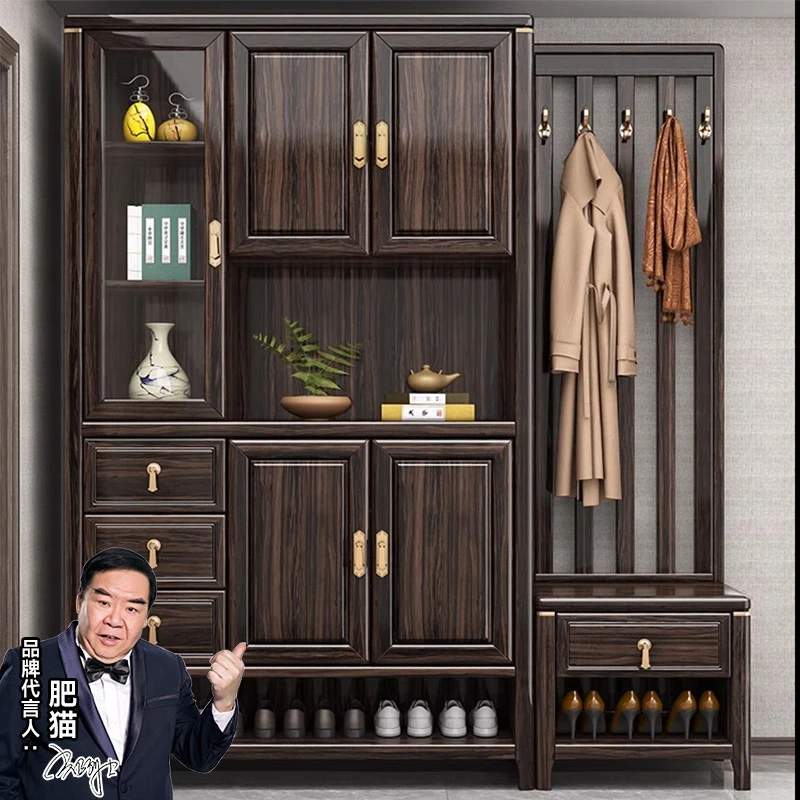 新中式实木玄关柜衣帽架鞋柜一体家用客厅进门入户门口隔断储物柜