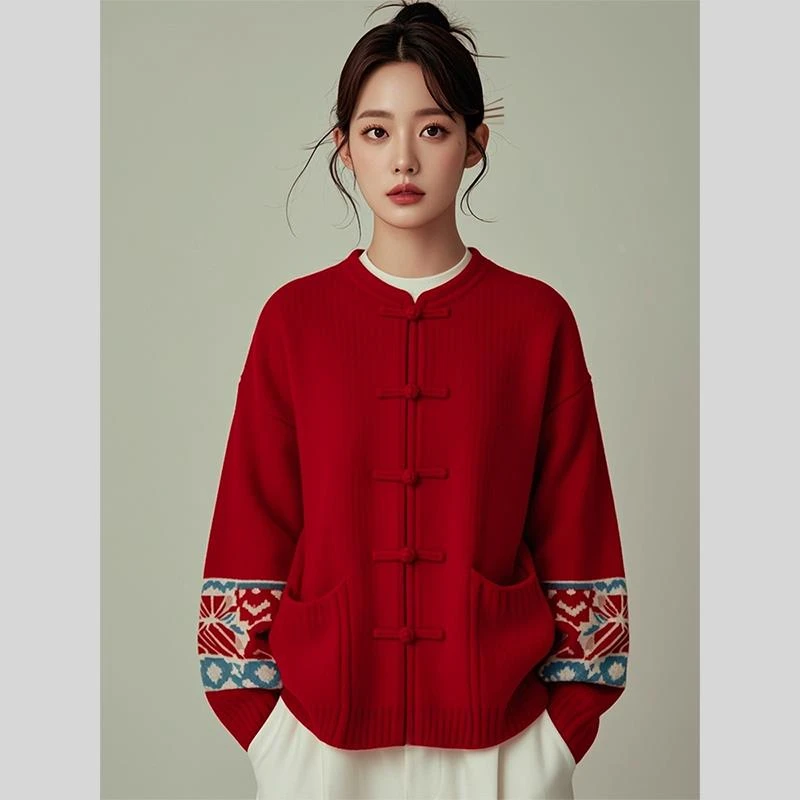 新中式女装国风红色圣诞新年针织毛衣内搭打底上衣女2024新款冬季