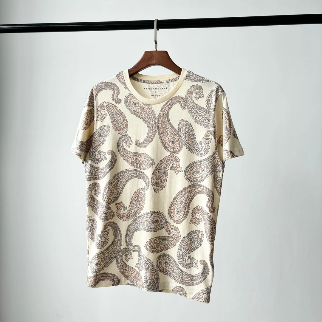 美单！AE纯棉腰果花印花复古短袖T恤外贸夏季男装圆领汗衫