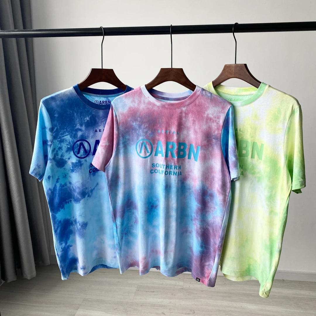 日单潮牌男士宽松纯棉水洗扎染短袖T恤时尚艺术圆领印花文化衫