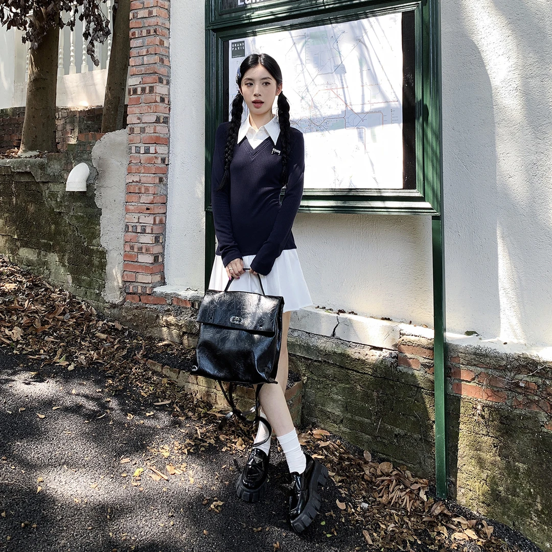 【橙橙专属】甜辣Polo领假两件连衣裙女早秋拼接百褶半身裙41475