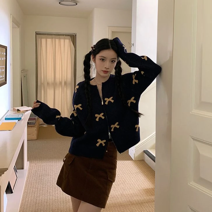 吵吵家开衫毛衣蝴蝶提花双头拉链设计感41569