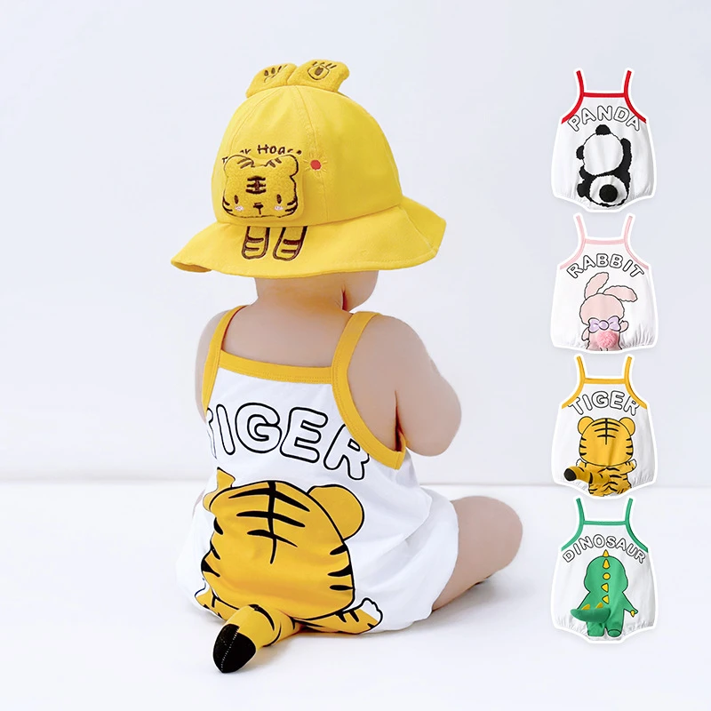 夏季宝宝三角吊带连体衣男女童哈衣可爱动物造型衣服卡通包屁衣潮