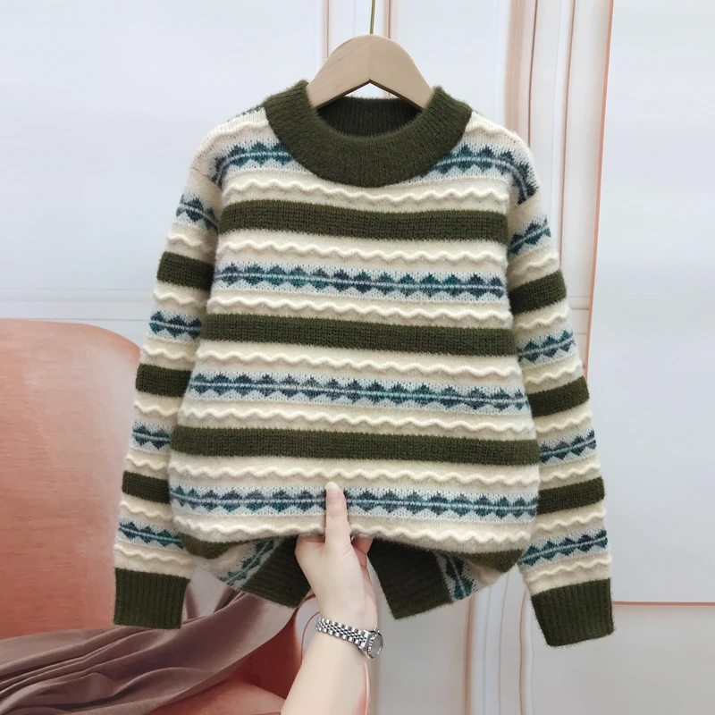 中大童条纹角花圆领套头针织毛衣秋冬新款时尚洋气男童加厚打底衫