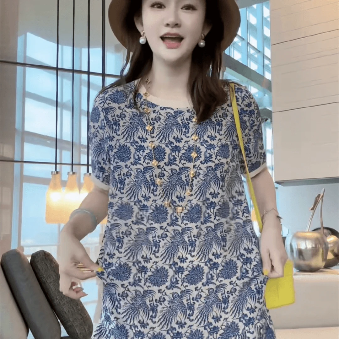 【深圳南油】【E758】100%真丝双绉水墨印花宽松桑蚕丝女装连衣裙