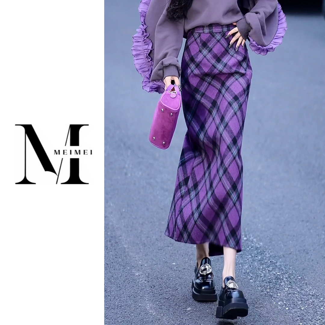 紫色格子后开衩冬季加厚直筒裙76298