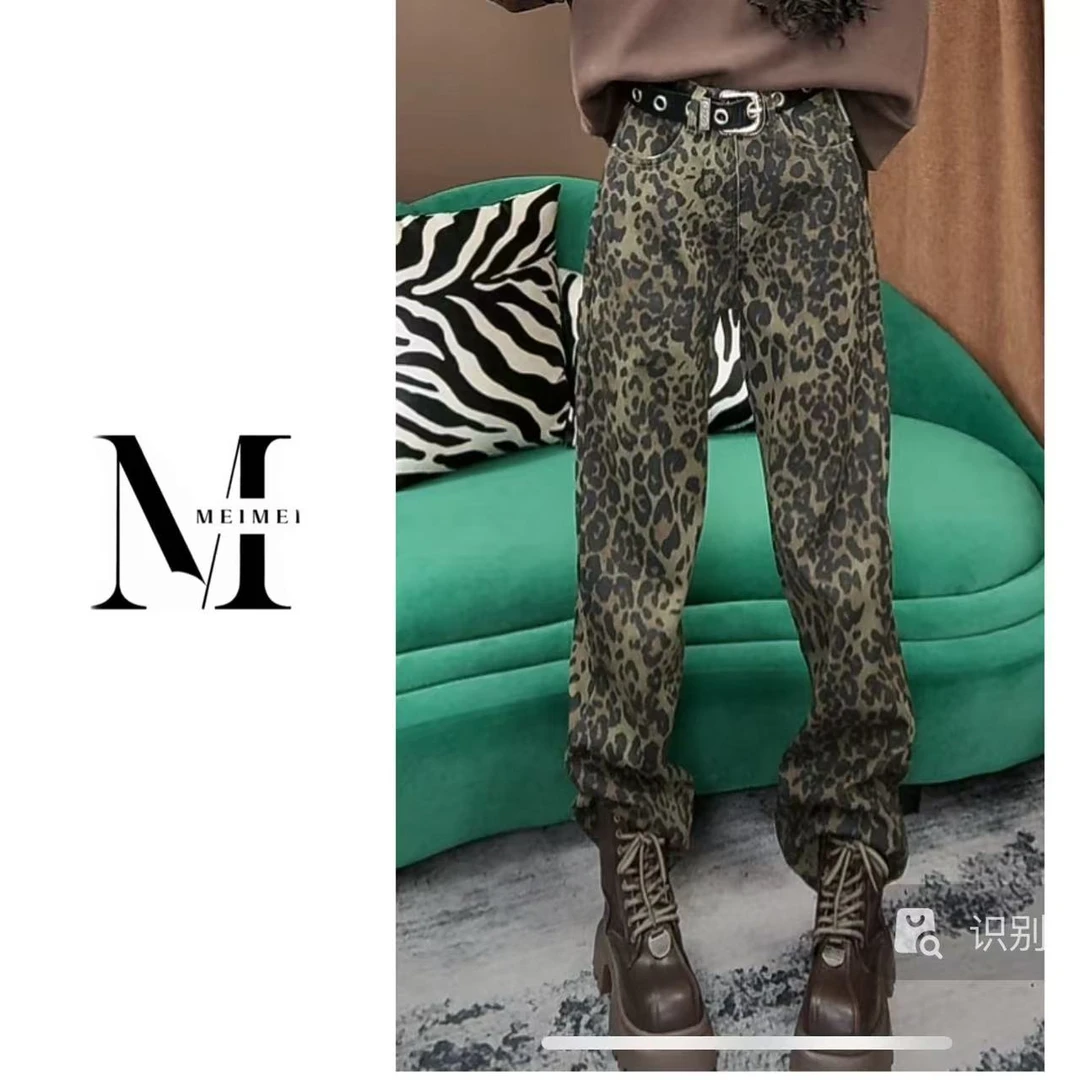 豹纹复古嘻哈潮牌水洗冬季加厚直筒牛仔裤