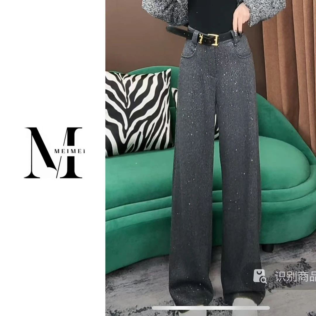 黑色满天星冬季加厚长款阔腿裤