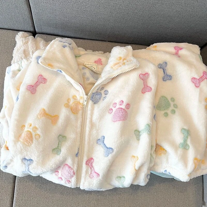 睡衣女冬季新款拉链法兰绒加绒加厚套装可爱脚印少女家居服可外穿