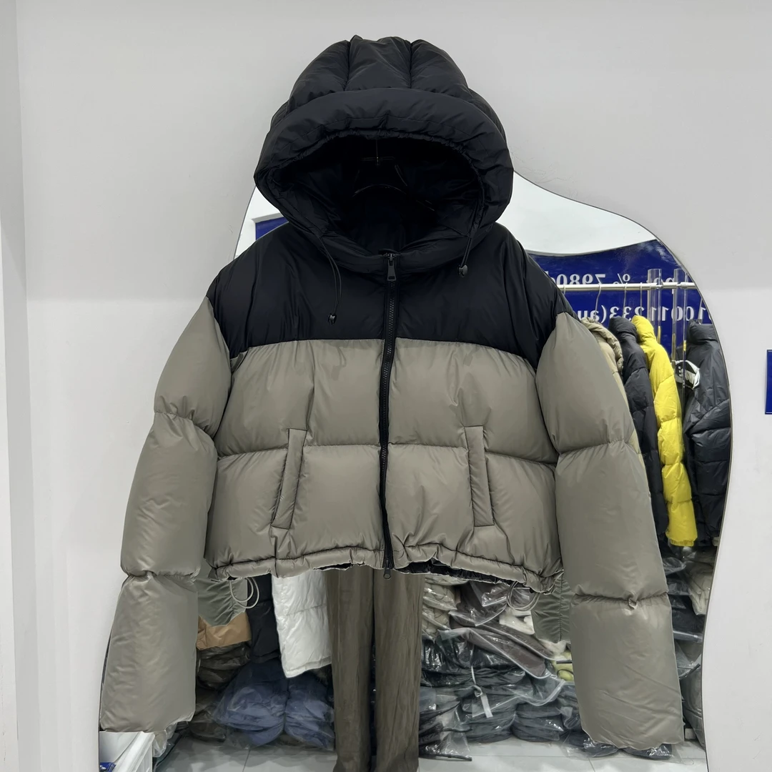 美式复古经典拼色白鸭绒加厚羽绒服女短款2024新款面包服外套反季