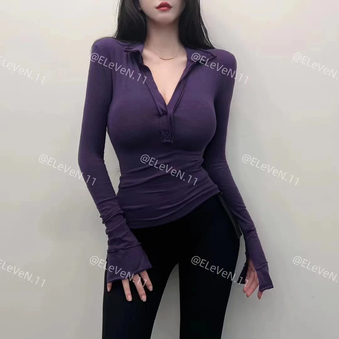 胸大腰细~纯欲风翻领修身显瘦V领长袖T恤女2024秋新款百搭打底衫