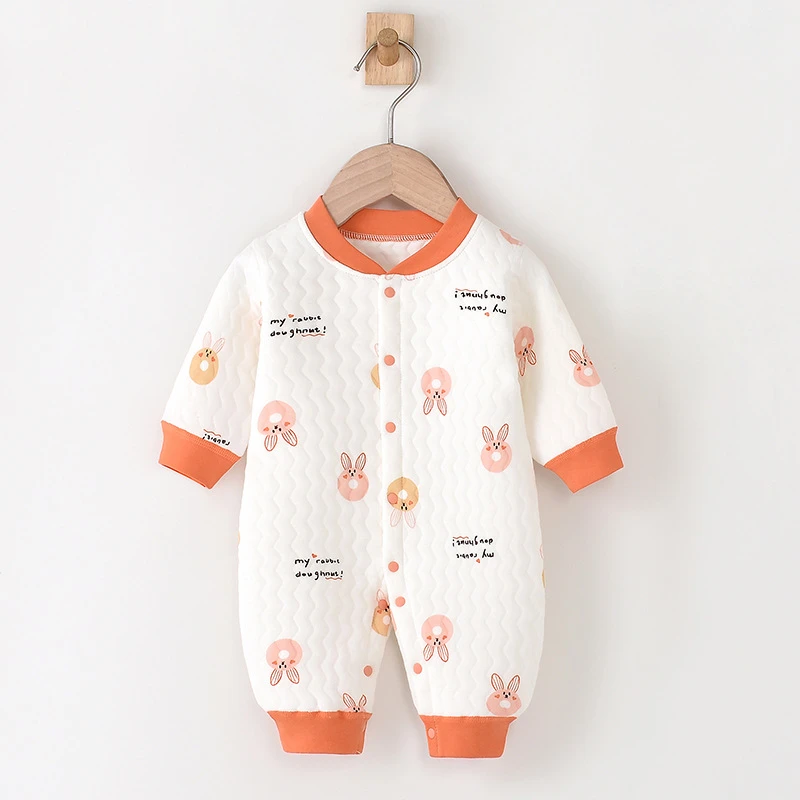 春秋婴儿连体衣新生儿衣服纯棉夹层宝宝保暖冬款婴儿哈衣爬服满月