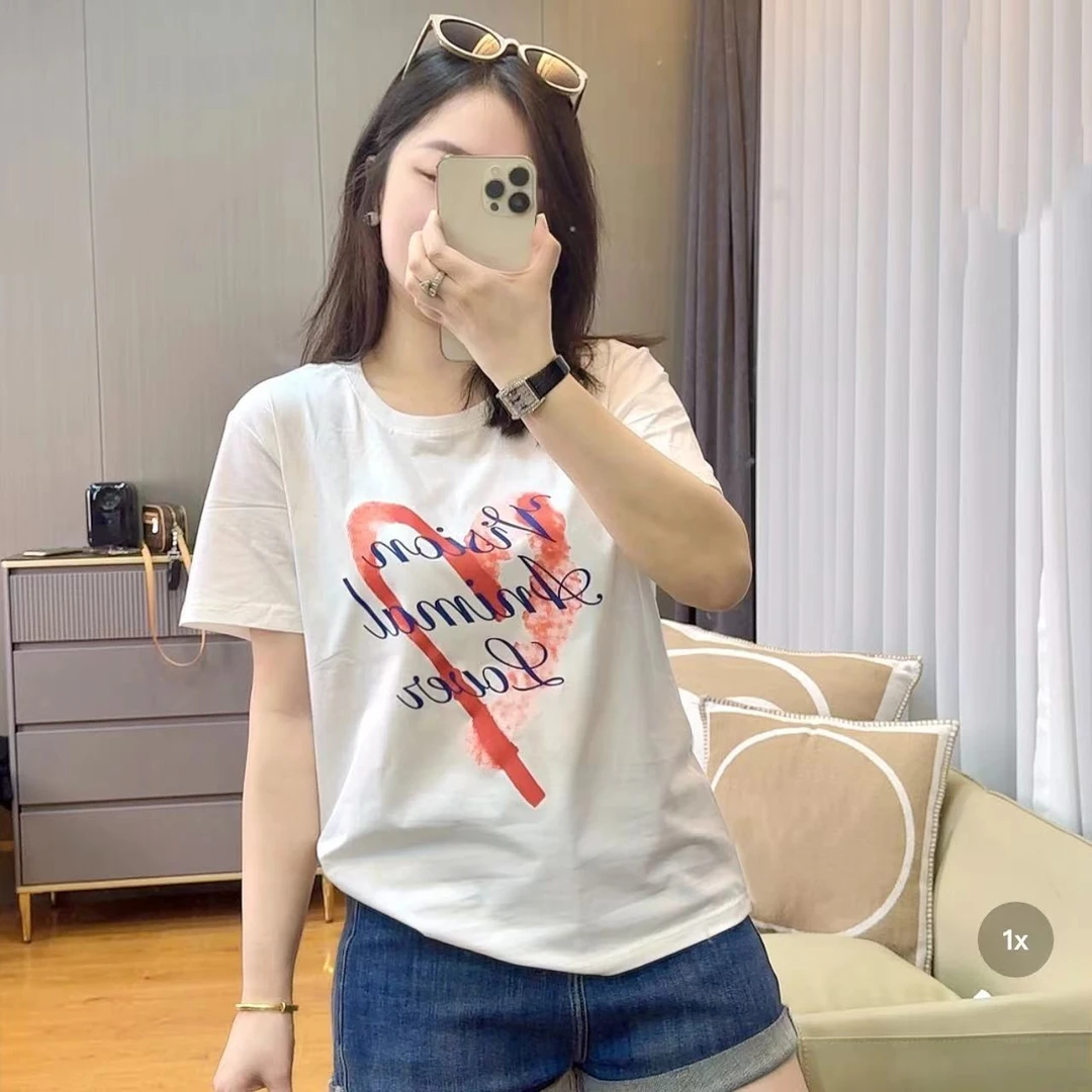 御妍婷514英文爱心短袖显瘦正肩圆领T恤女夏季时尚百搭套头上衣