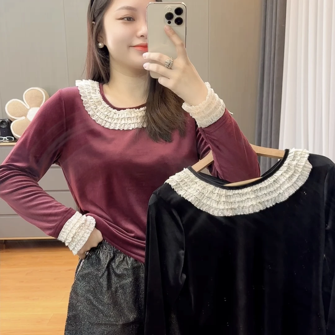 御妍婷912蕾丝花边长袖上衣显瘦正肩圆领T恤百搭弹力打底衫衣服