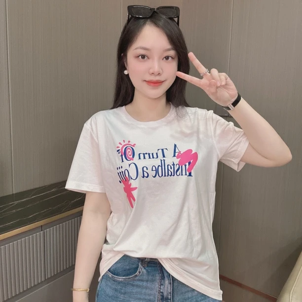 御妍婷655英文短袖显瘦弹力圆领T恤正肩休闲时尚女新款上衣