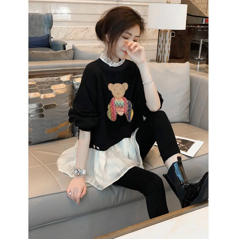 黑色卡通假两件卫衣女宽松韩版设计感小众上衣秋冬2023新款欧洲站