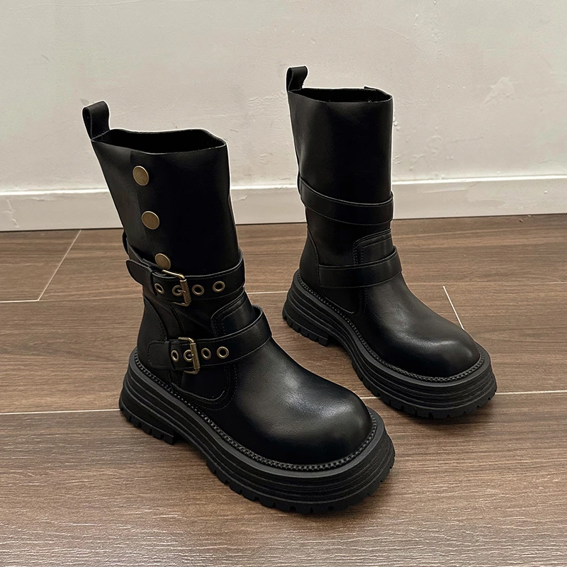 美拉德短靴子女2024年新款小个子厚底皮带扣西部牛仔靴中筒马丁靴