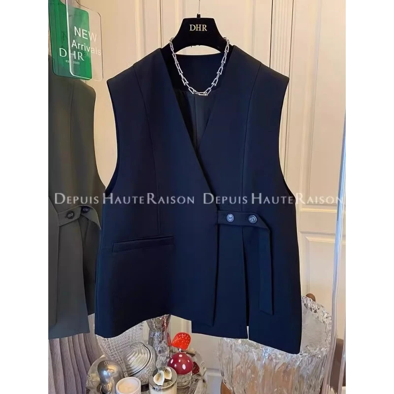 大码高级感侧边扣不规则开叉西装马甲马夹背心外套女宽松休闲小众