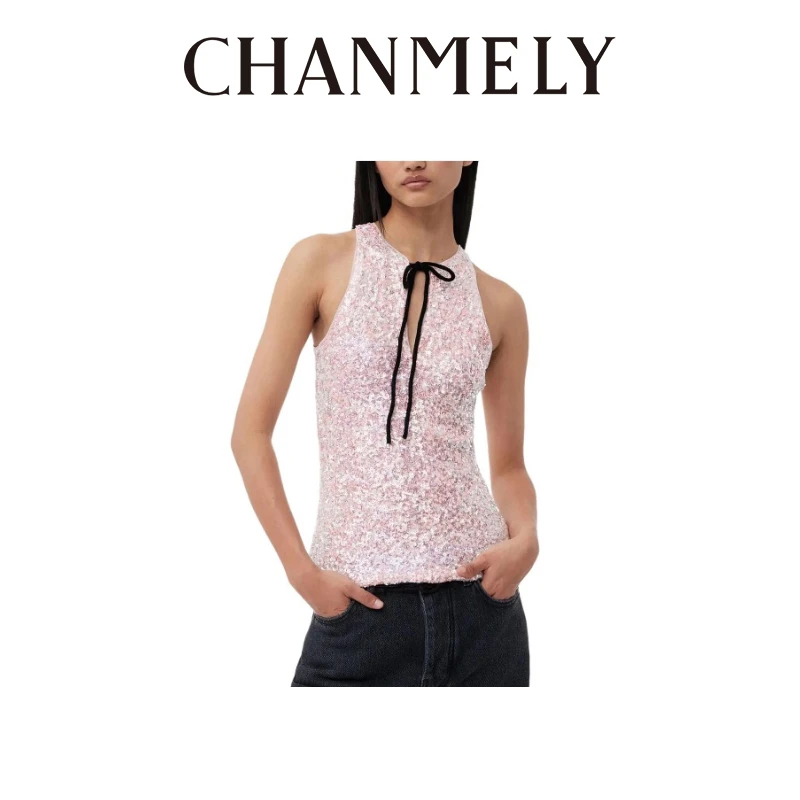 【CHANMITY】24/FW香风重工闪闪亮片蝴蝶结甜美吊带背心0241405