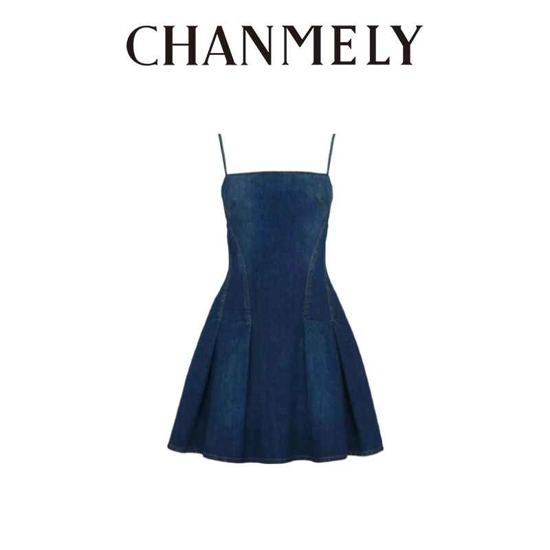【CHANMITY】24/FW靛蓝褶裥收腰缝线显瘦牛仔连衣裙0241120