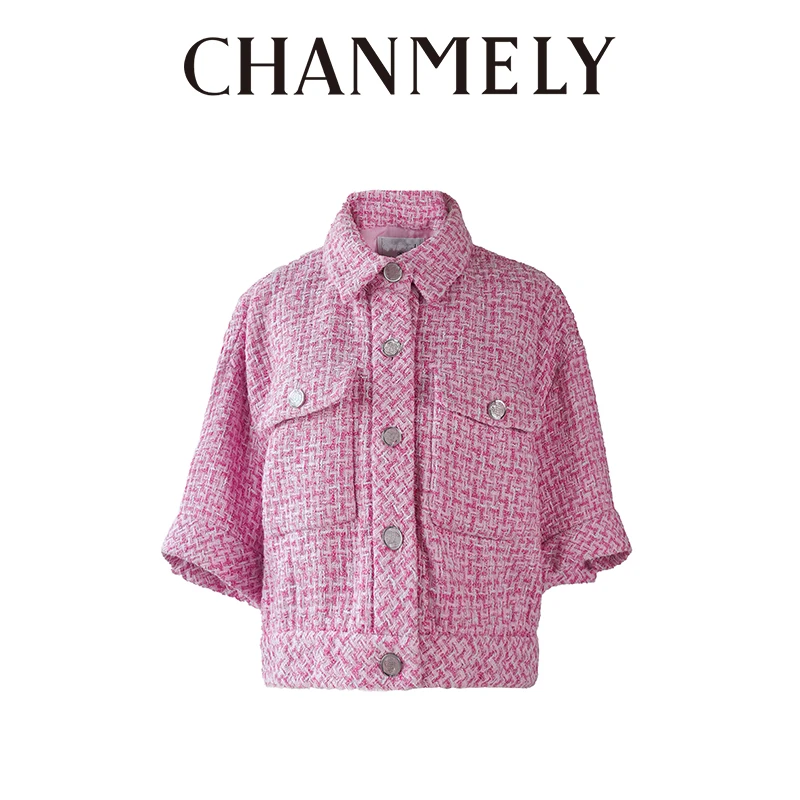 【CHANMITY】短款时尚小香风短袖气质粉色格子外套 023618
