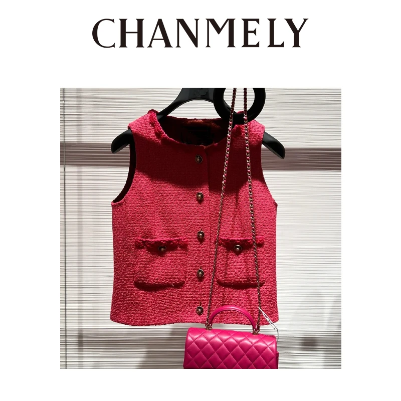 【CHANMITY】24/FW高级香风复古玫红粗线羊毛编织马甲外套0241155