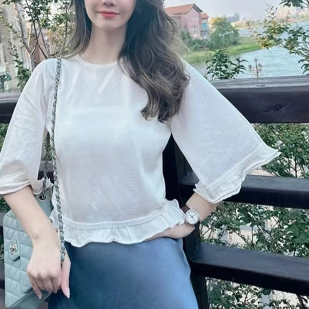 【CHANMITY】时尚荷叶边七分袖针织上衣 023536