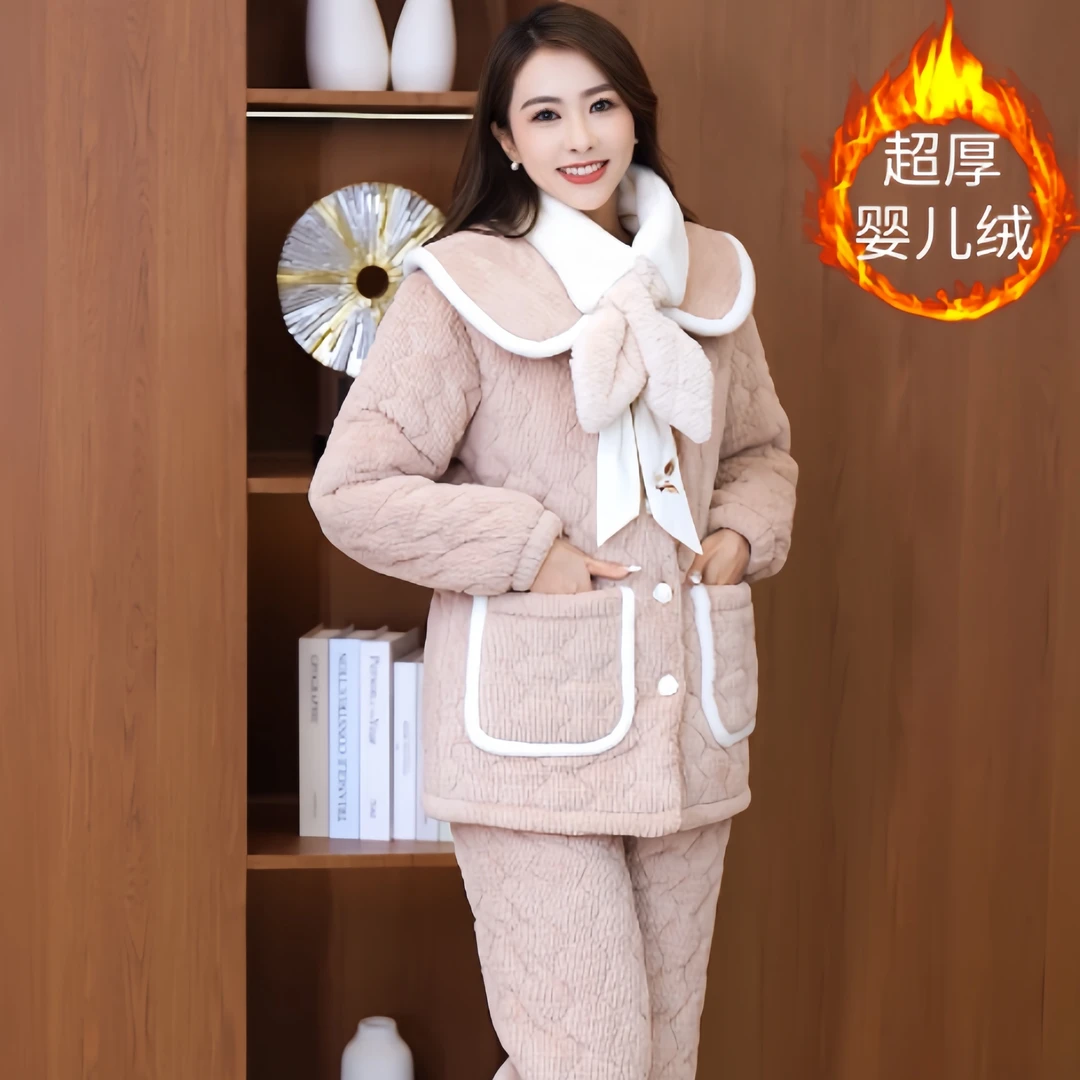 围巾款冬季超厚保暖三层夹棉开衫翻领女睡衣家居服套装