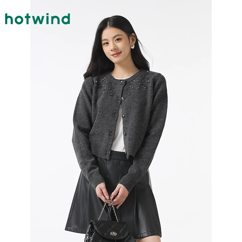 热风2024年秋季千金风深灰色短款针织开衫小香风毛衣外套F08W4313