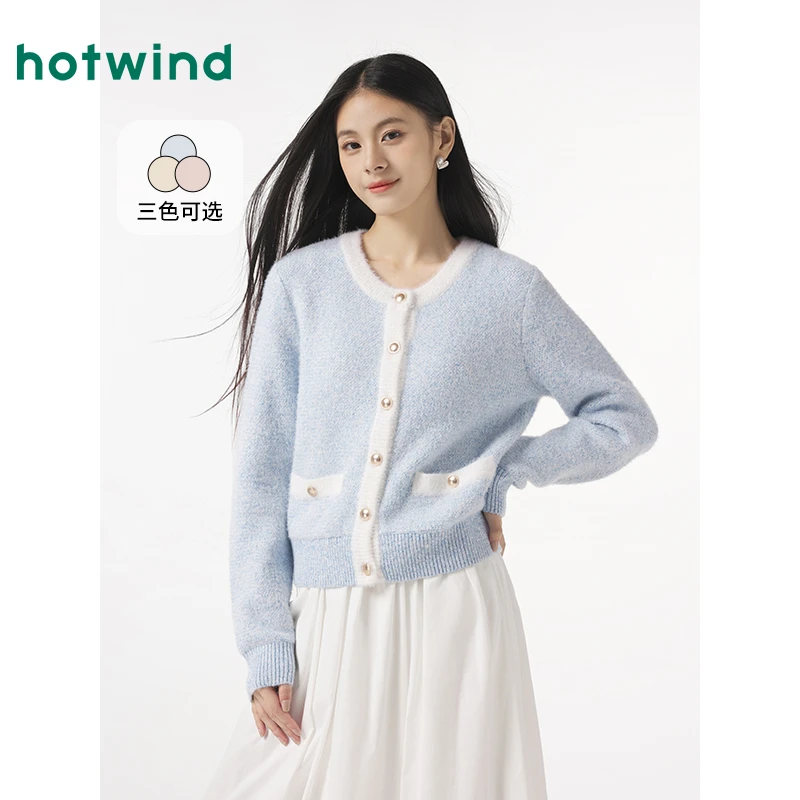 热风2024年秋冬季新款小香风水貂绒针织开衫短款毛衣外套F08W4408