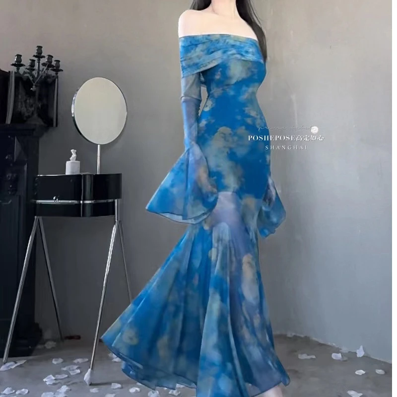 初灵高定如心【情愫·与美】步步生莲连衣裙·水色天兰蓝色时尚