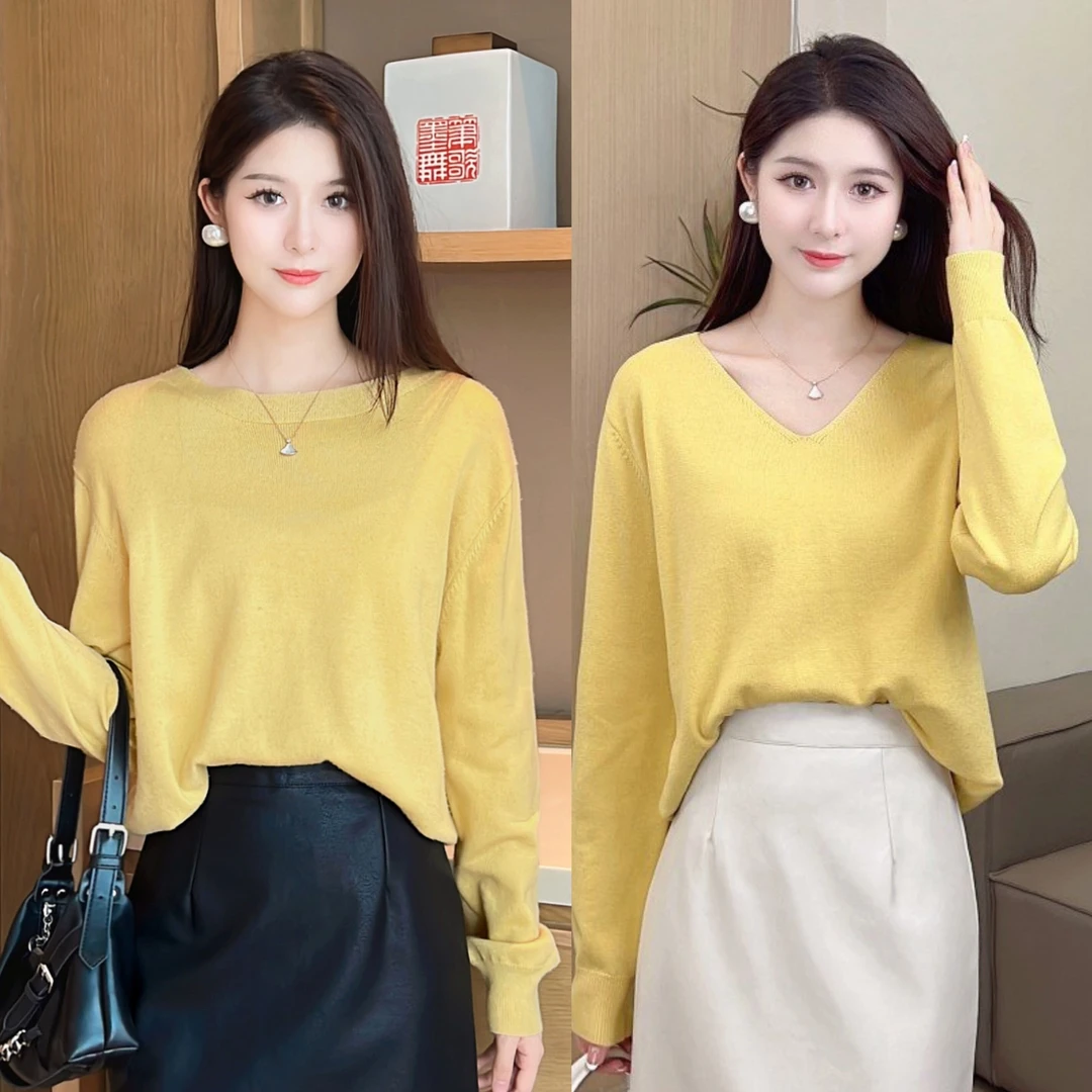【双11】圆领毛衣女百搭宽松显瘦上衣圆领V领针织衫 6701