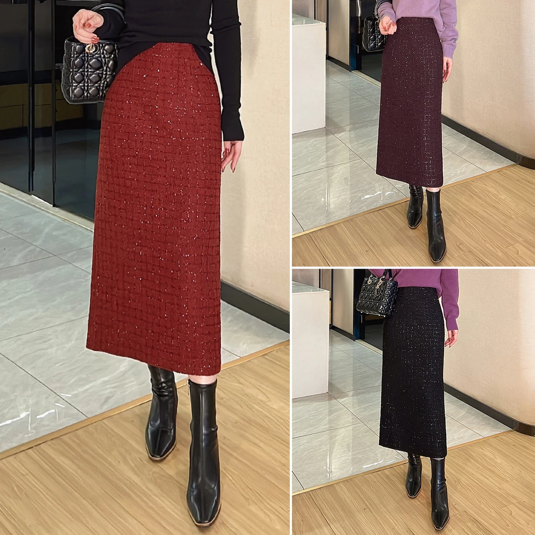 【珂一半裙】小香风亮丝羊毛呢半身裙女冬季高级感气质直筒裙28236