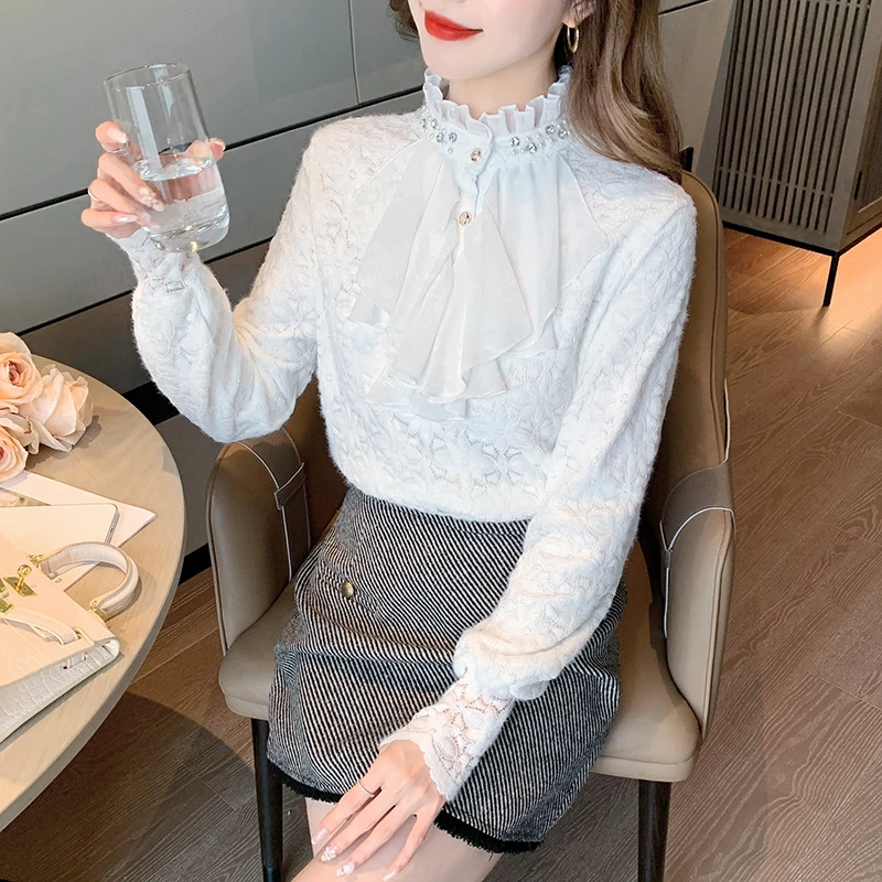 宫廷风加绒加厚打底钉珠荷叶边蕾丝衬衫女秋冬气质长袖高级感上衣