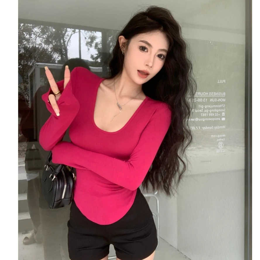 U领大领口长袖打底衫小众不规则修身t恤性感收腰显胸弹力锁骨上衣
