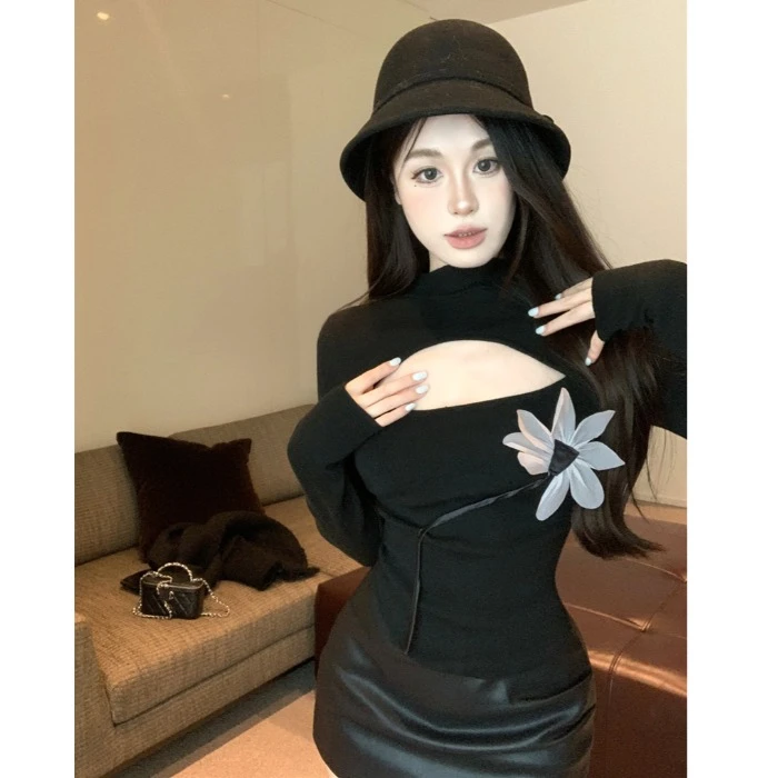 小香风花朵长袖t恤女秋冬纯欲辣妹性感低胸上衣半高领打底衫内搭