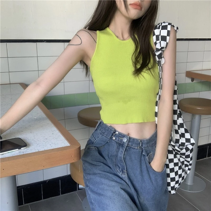欧美街拍辣妹紧身无袖小吊带女夏季短款修身针织背心露脐打底上衣
