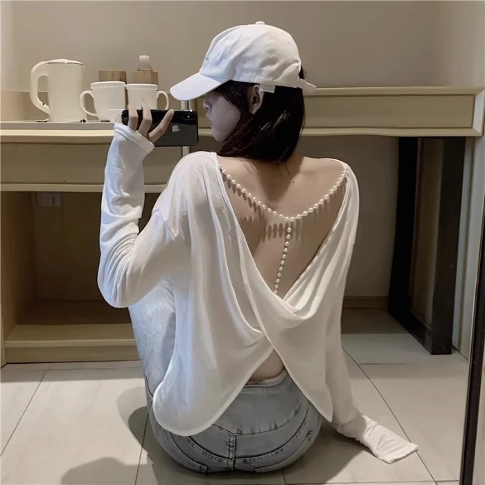 白色露美背防晒衣女2024新款夏季设计感小众长袖宽松显瘦上衣T恤