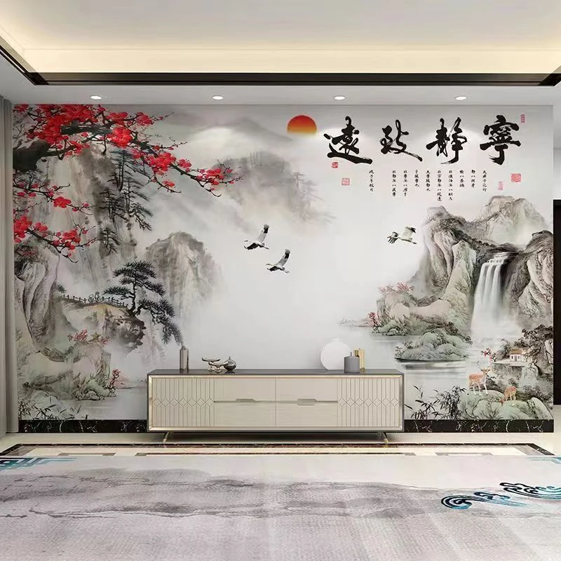 3D立体电视背景墙壁纸壁画现代中式水墨墙纸客厅影视墙布山水风景