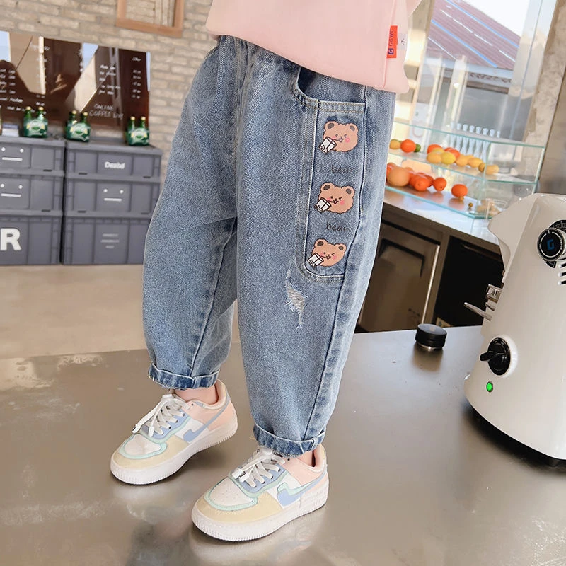 【热推爆款】女童牛仔裤春秋款2025新款洋气宝宝小熊休闲春装儿童裤